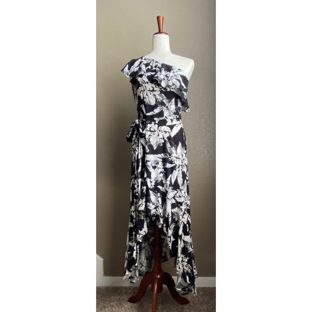 Mi Ami Women's Medium One Shoulder Tropical Floral Hi Low Maxi Dress Black White